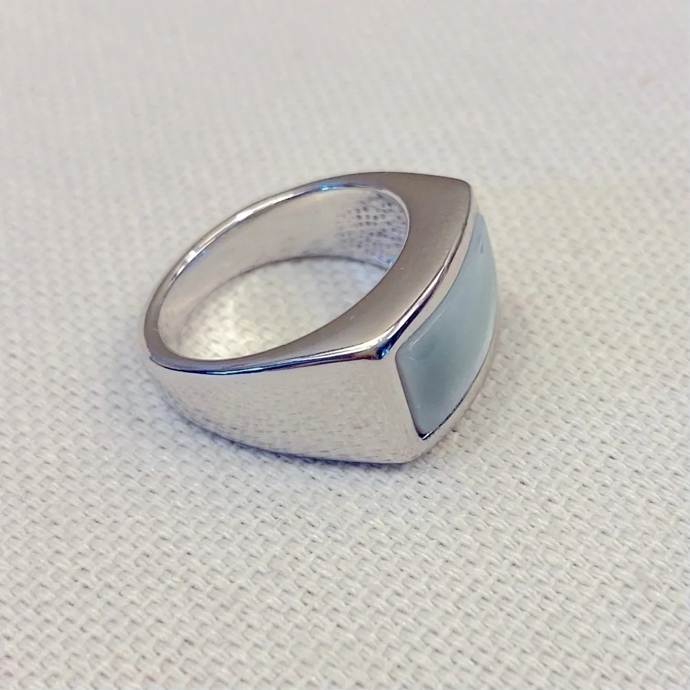 Silver Tone Ring Pale Blue Rectangle